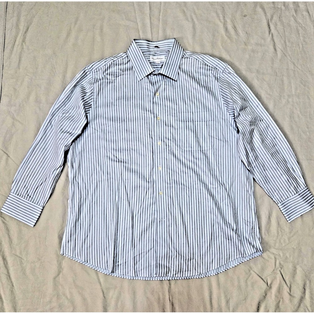 Tommy Bahama Men Dress Shirt Sz 17.5 32-33 Gray Stripe Cotton Swordfish Logo vtg